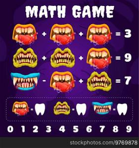 Cartoon Halloween monster mouth and jaws, demon face. Math game worksheet. Child mathematical puzzle or quiz vector worksheet with Halloween monsters, evil beasts toothy mouth with dripping saliva. Halloween monster mouth and jaws on math game