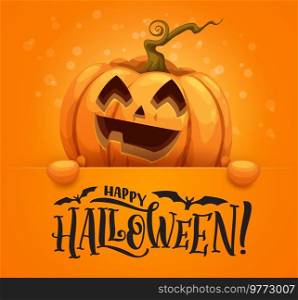 Cartoon Halloween pumpkin character personage. Halloween party background or holiday banner, invitation cart orange vector backdrop with happy smiling Jack o lantern pumpkin face and typography. Cartoon Halloween pumpkin character personage