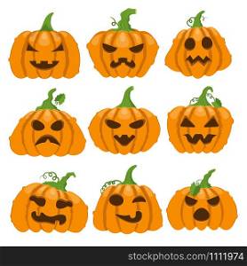 Cartoon halloween pumpkin. Orange pumpkins with carving scary smiling cute glowing faces. Decoration gourd vegetable or holiday spooky happy face, october nature vector isolated icon set