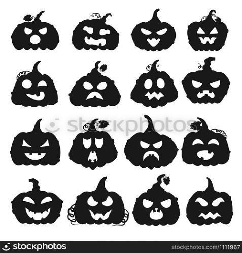 Cartoon halloween pumpkin silhouette. Black pumpkins with carving scary smiling cute glowing faces. Decoration gourd vegetable or holiday spooky happy face, october nature vector isolated icon set