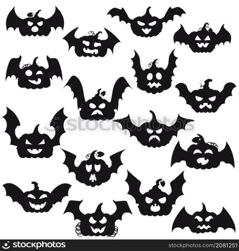 Cartoon halloween pumpkin with bat wings silhouette. Black pumpkins with carving scary smiling cute glowing faces. Decoration gourd vegetable or holiday spooky happy face, october nature vector isolated icon set