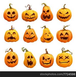 Cartoon Halloween pumpkins, Jack o lantern isolated scary characters. Halloween pumpkin lanterns, cute happy with scary smile on face, horror holiday and spooky night pumpkins with creepy carvings. Cartoon Halloween pumpkins, scary Jack o lantern