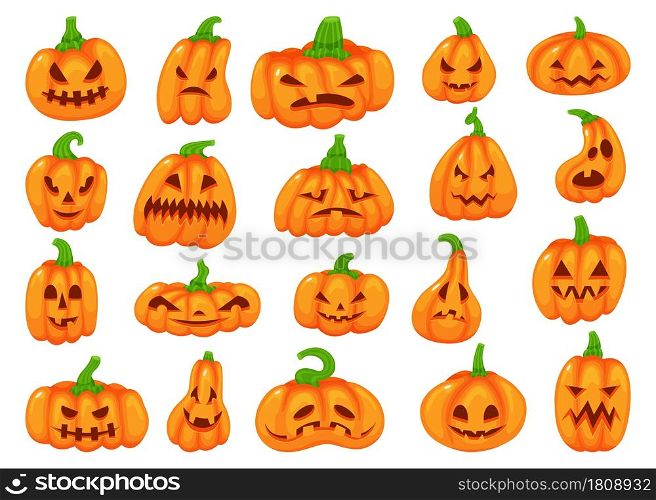 Cartoon halloween pumpkins with scary faces, fall decor elements. Cute orange pumpkin lantern with spooky face, autumn decoration vector set. Traditional celebration with horror expressions. Cartoon halloween pumpkins with scary faces, fall decor elements. Cute orange pumpkin lantern with spooky face, autumn decoration vector set