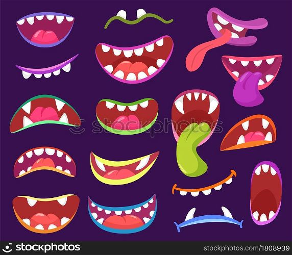 Cartoon halloween scary monster mouths with teeth and tongue. Funny monsters characters expressions, creatures open mouth with fangs vector set. Colorful crazy aliens lips showing tongue. Cartoon halloween scary monster mouths with teeth and tongue. Funny monsters characters expressions, creatures open mouth with fangs vector set