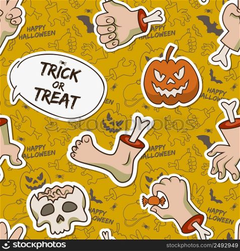 Cartoon Halloween seamless pattern with paper skull zombie arms leg creepy pumpkin caterpillar candy vector illustration. Cartoon Halloween Seamless Pattern