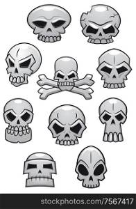 Cartoon Halloween skulls isolated on white background. Suitable for Halloween holiday or tattoo design. Scary Halloween skulls
