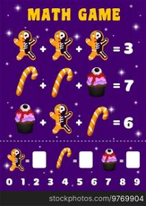 Cartoon Halloween sweets and candies. Math game worksheet. Children education quiz, math addition puzzle game vector worksheet with gingerbread man skeleton cookies, Halloween candy and creepy cupcake. Cartoon Halloween sweets on math game worksheet