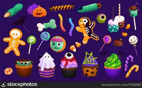 Cartoon Halloween sweets, cupcakes and lollipops, candy corns and witch finger cookies or marshmallows, vector. Halloween trick or treat skeleton skull candies or eyeball cakes and pumpkin biscuits. Cartoon Halloween sweets, cupcakes and lollipops