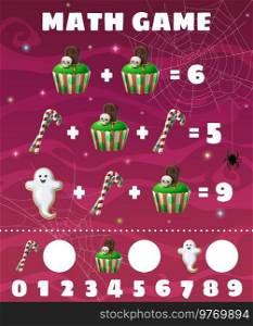 Cartoon Halloween sweets. Math game worksheet. Kids mathematics puzzle or addition quiz vector worksheet with Halloween spooky pastry desserts, candy cane, ghost gingerbread cookie and creepy cupcake. Cartoon Halloween sweets on math game worksheet