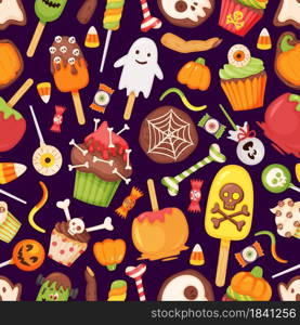 Cartoon halloween treats, candies and sweets seamless pattern. Spooky eye lollipop, ghost cookie, caramel apple. October holiday vector texture. Horror cupcakes and ice cream for celebration. Cartoon halloween treats, candies and sweets seamless pattern. Spooky eye lollipop, ghost cookie, caramel apple. October holiday vector texture