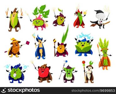 Cartoon Halloween vegetable wizards, mages and sorcerer characters. Vector corn, kohlrabi, olive and green pea. Ch&ignon, potato, soy bean and onion. Cauliflower, asparagus or daikon with artichoke. Cartoon Halloween vegetable wizards and sorcerers