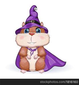 Cartoon hamster wearing a purple witch hat and cloak. Halloween poster.. Cartoon hamster wearing a purple witch hat and cloak. Halloween poster