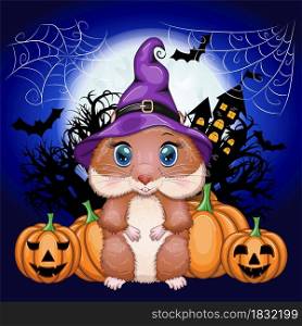 Cartoon hamster wearing a purple witch&rsquo;s hat and cloak with a broom, potion or jack pumpkin. Against the background of the castle, the moon, flying mice. Halloween poster. Cartoon hamster wearing a purple witch&rsquo;s hat and cloak with a broom, potion or jack pumpkin. Against the background of the castle, the moon, flying mice.