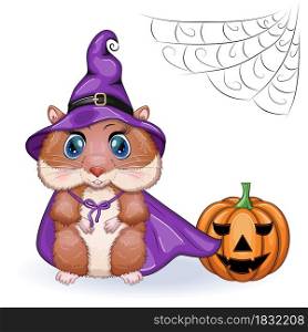 Cartoon hamster wearing purple witch hat with broom, potion or pumpkin jack. Halloween poster. Cartoon hamster wearing purple witch hat with broom, potion or pumpkin jack. Halloween
