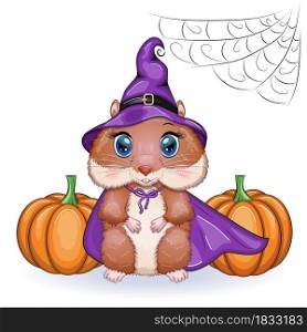 Cartoon hamster wearing purple witch hat with broom, potion or pumpkin jack. Halloween poster. Cartoon hamster wearing purple witch hat with broom, potion or pumpkin jack. Halloween