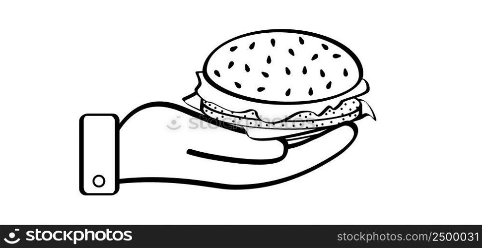 Cartoon hand and hamburger. Grilled hamburger icon. big classic beef cheese burger. Appetizing cheeseburger. Fresh tasty big burger with cheese, beef, lettuce, tomato and red onion.