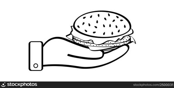 Cartoon hand and hamburger. Grilled hamburger icon. big classic beef cheese burger. Appetizing cheeseburger. Fresh tasty big burger with cheese, beef, lettuce, tomato and red onion.