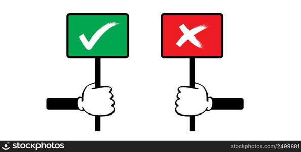 Cartoon hand and signboard vote. Accept or unaccepted vote. Don’t or Dont Do’s or don’ts. Unlike or dislike day hands. Compliments, oke or like hand thumb up or thumbs down. Yes or no feedback.