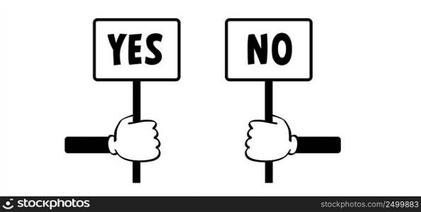 Cartoon hand and signboard vote. Accept or unaccepted vote. Don’t or Dont Do’s or don’ts. Unlike or dislike day hands. Compliments, oke or like hand thumb up or thumbs down. Yes or no feedback.