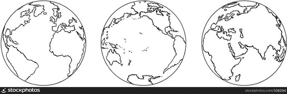 Cartoon hand drawing illustration of three views of planet Earth globe.