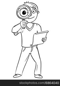 Cartoon hand drawing vector illustration of boy holding hand magnifying glass and piece of paper.