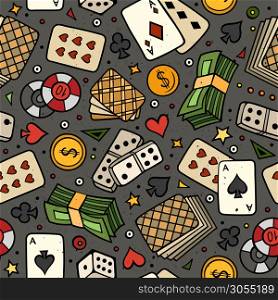 Cartoon hand-drawn casino, games seamless pattern. Lots of symbols, objects and elements. Perfect funny vector background.. Cartoon hand-drawn casino, games seamless pattern