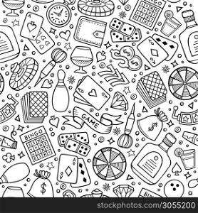 Cartoon hand drawn casino, games seamless pattern. Lots of symbols, objects and elements. Perfect funny vector background.. Cartoon hand-drawn casino, games seamless pattern