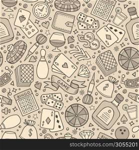 Cartoon hand drawn casino, games seamless pattern. Lots of symbols, objects and elements. Perfect funny vector background.. Cartoon hand-drawn casino, games seamless pattern