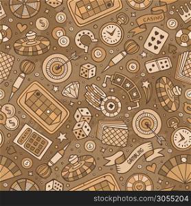 Cartoon hand-drawn casino, games seamless pattern. Lots of symbols, objects and elements. Perfect funny vector background.. Cartoon hand-drawn casino, games seamless pattern
