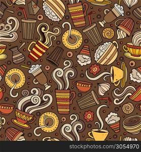 Cartoon hand-drawn coffee, coffee shop, cafe, tea, sweets seamless pattern. Lots of symbols, objects and elements. Perfect funny vector background.. Cartoon hand-drawn coffee shop seamless pattern