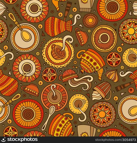Cartoon hand-drawn coffee, coffee shop, cafe, tea, sweets seamless pattern. Lots of symbols, objects and elements. Perfect funny vector background.. Cartoon hand-drawn coffee shop seamless pattern