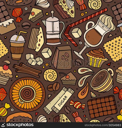 Cartoon hand-drawn coffee, coffee shop, cafe, tea, sweets seamless pattern. Lots of symbols, objects and elements. Perfect funny vector background. . Cartoon hand-drawn coffee shop seamless pattern