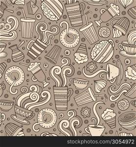 Cartoon hand drawn coffee, tea seamless pattern. Lots of symbols, objects and elements. Perfect funny vector background.. Cartoon hand-drawn coffee shop seamless pattern