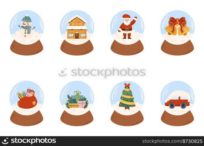 Cartoon hand drawn collection of snow globe. Snow ball with snowman, decorated house, Santa Claus and deer, Christmas tree, bag with gifts, bells and red ribbon, car in snow, gift with pine branches.. Cartoon hand drawn collection of snow globe. Snow ball with snowman, decorated house, Santa Claus and deer, Christmas tree, bag with gifts, bells and red ribbon, car in snow, gift with pine branches