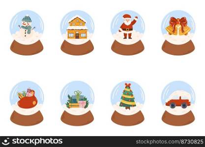 Cartoon hand drawn collection of snow globe. Snow ball with snowman, decorated house, Santa Claus and deer, Christmas tree, bag with gifts, bells and red ribbon, car in snow, gift with pine branches.. Cartoon hand drawn collection of snow globe. Snow ball with snowman, decorated house, Santa Claus and deer, Christmas tree, bag with gifts, bells and red ribbon, car in snow, gift with pine branches