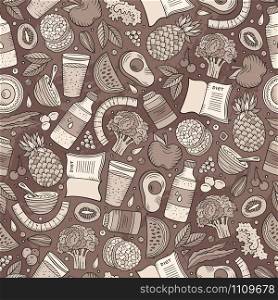 Cartoon hand-drawn Diet food seamless pattern. Lots of symbols, objects and elements. Perfect funny vector background.. Cartoon hand-drawn Diet food seamless pattern