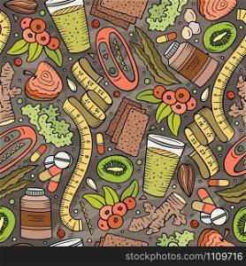 Cartoon hand-drawn Diet food seamless pattern. Lots of symbols, objects and elements. Perfect funny vector background.. Cartoon hand-drawn Diet food seamless pattern