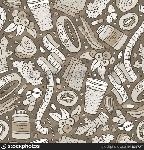 Cartoon hand-drawn Diet food seamless pattern. Lots of symbols, objects and elements. Perfect funny vector background.. Cartoon hand-drawn Diet food seamless pattern