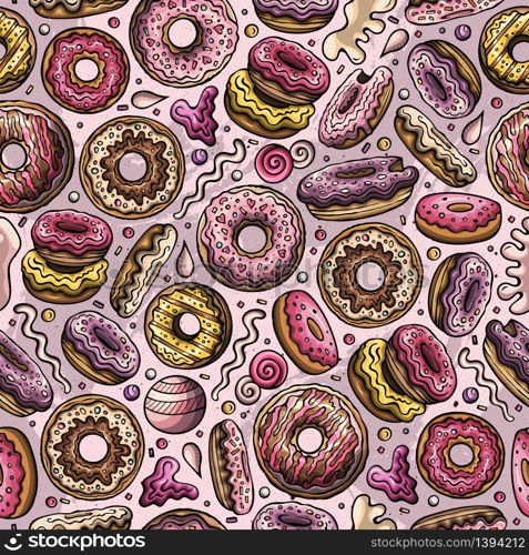 Cartoon hand-drawn donuts seamless pattern. Lots of symbols, objects and elements. Perfect funny vector background.. Cartoon hand-drawn donuts seamless pattern. Perfect funny vector background.