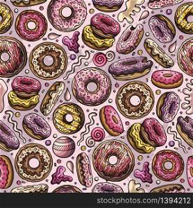 Cartoon hand-drawn donuts seamless pattern. Lots of symbols, objects and elements. Perfect funny vector background.. Cartoon hand-drawn donuts seamless pattern. Perfect funny vector background.
