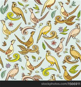 Cartoon hand drawn doodle birds vector seamless pattern. Cartoon birds vector seamless pattern