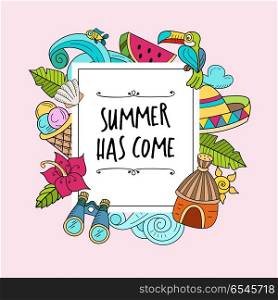 Cartoon hand drawn doodle consisting of separate elements. Summe. Cartoon hand drawn Doodle summer holiday poster design template. Very detailed, with lots of individual elements. All elements are isolated.