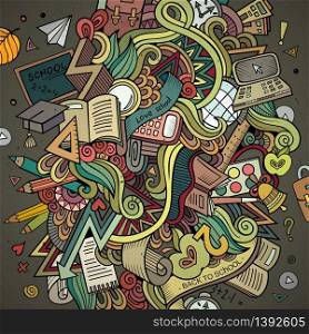 Cartoon hand-drawn Doodle on the subject of education. Design background with school objects and symbols. Vector illustration.. Cartoon hand-drawn Doodle on the subject of education