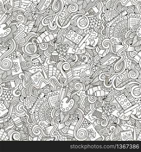 Cartoon hand-drawn doodles art, design, artist seamless pattern. Line art detailed, with lots of objects vector background. Sketchy tile backdrop.. Cartoon vector art and craft seamless pattern