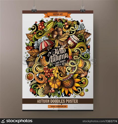 Cartoon hand drawn doodles Autumn poster design template. Very detailed, with lots of objects illustration. Funny vector artwork.. Cartoon hand drawn doodles Autumn poster design