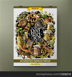 Cartoon hand drawn doodles Beer fest poster design template. Very detailed, with lots of objects illustration. Funny vector artwork.. Cartoon hand drawn doodles Beer fest poster design