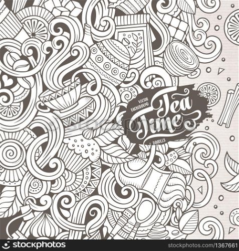 Cartoon hand-drawn doodles cafe, coffee shop illustration. Line art detailed, with lots of objects vector design background. Cartoon hand-drawn doodles of cafe, coffee shop background