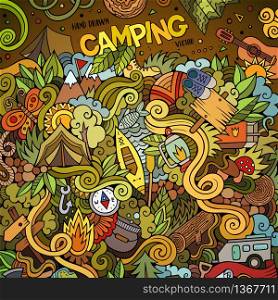 Cartoon hand drawn doodles camp illustration. Colorful detailed, with lots of objects vector design background. Cartoon hand-drawn doodles camp illustration