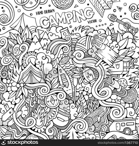 Cartoon hand-drawn doodles camping illustration. Line artdetailed, with lots of objects vector design background. Cartoon hand-drawn doodles camp illustration