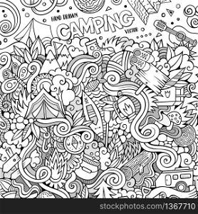 Cartoon hand-drawn doodles camping illustration. Line artdetailed, with lots of objects vector design background. Cartoon hand-drawn doodles camp illustration